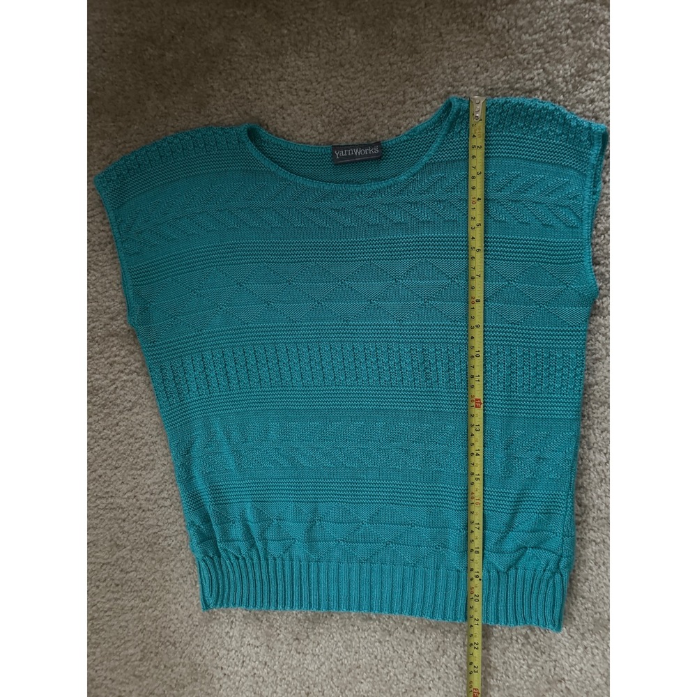 Vintage YarnWorks Teal Green Textured Knit Short Sleeve Sweater Top Crew Neck - Picture 5 of 6